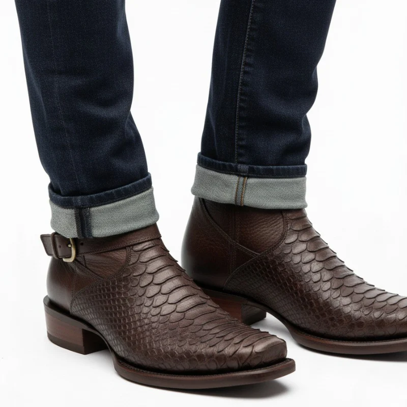 Python Pattern Buckle Strap Cowboy Boots - Image 6