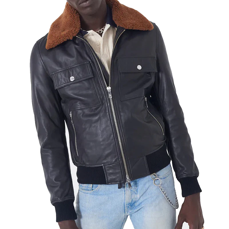 Bomber Leather Jacket Whiskey Fur - Image 3